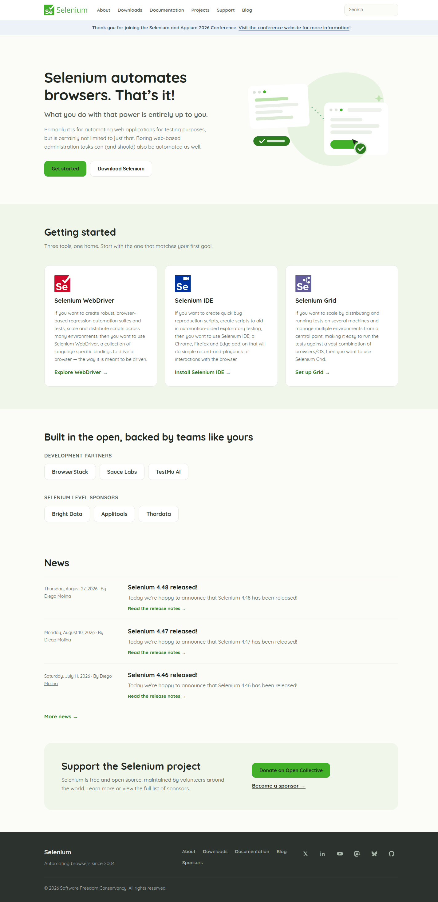 The restyled Selenium homepage